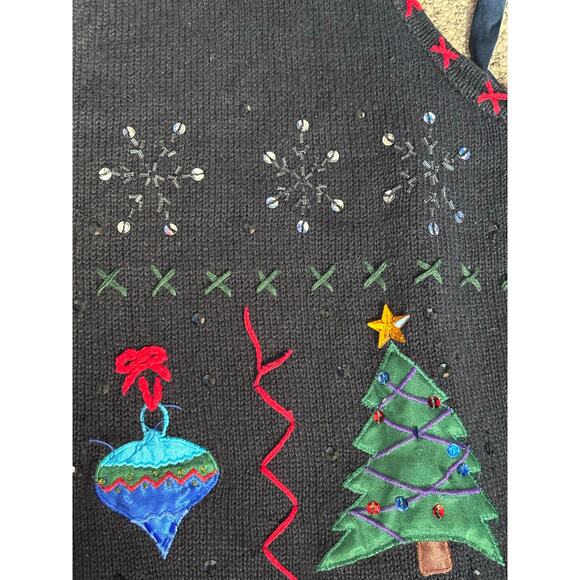 Vintage Holiday Sweater Black Embroidered Embellished Sequin Christmas Vest - Picture 11 of 14
